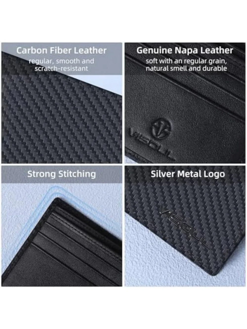 Men's RFID Blocking Carbon Fiber Leather Bifold Wallet, 2 ID Windows, 2 Cash